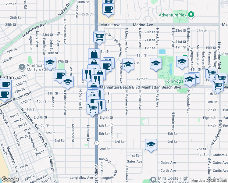 map of restaurants, bars, coffee shops, grocery stores, and more near 1206 11th Street in Manhattan Beach