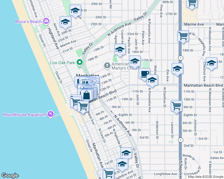 map of restaurants, bars, coffee shops, grocery stores, and more near 656 Manhattan Beach Boulevard in Manhattan Beach