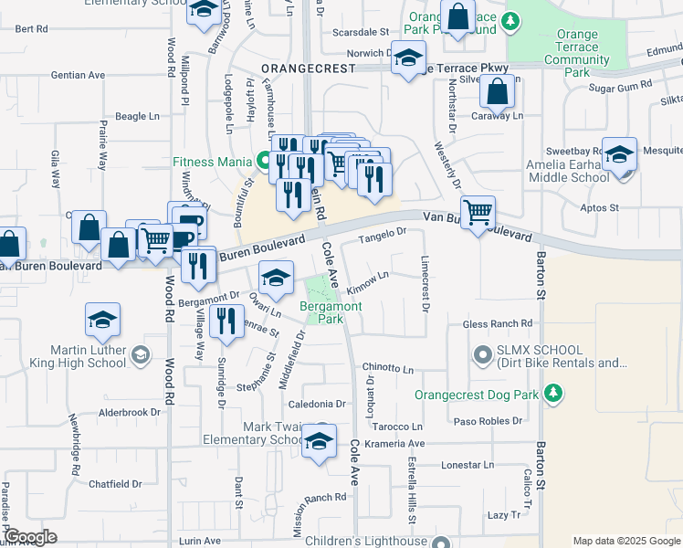 map of restaurants, bars, coffee shops, grocery stores, and more near 9081 Mandarin Lane in Riverside