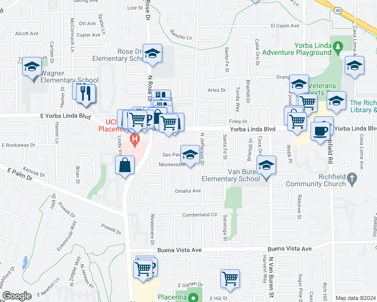 map of restaurants, bars, coffee shops, grocery stores, and more near 1331 Sao Paulo Avenue in Placentia