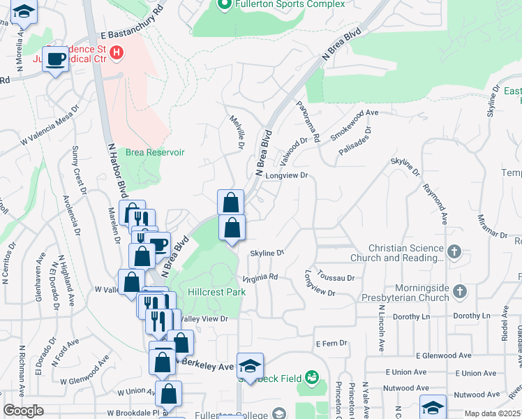 map of restaurants, bars, coffee shops, grocery stores, and more near 523 Blue Water Lane in Fullerton