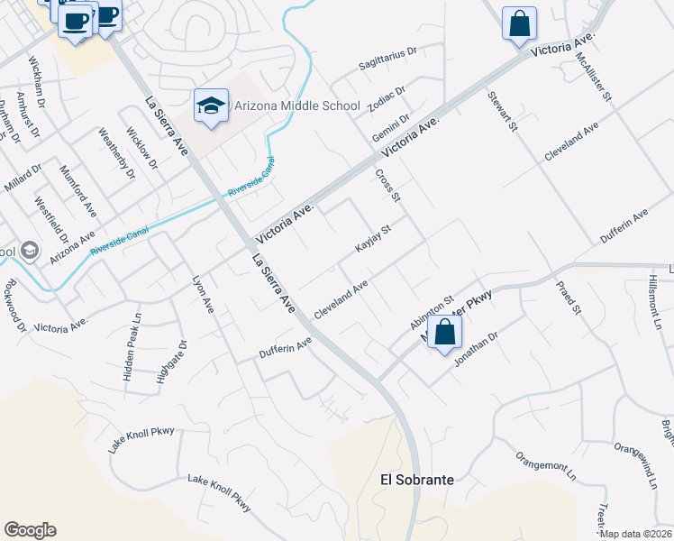 map of restaurants, bars, coffee shops, grocery stores, and more near 2540 Villa Franca Street in Riverside