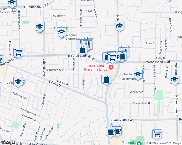 map of restaurants, bars, coffee shops, grocery stores, and more near 1000 Marina Drive in Placentia