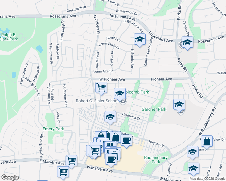 map of restaurants, bars, coffee shops, grocery stores, and more near 2235 Simon Street in Fullerton
