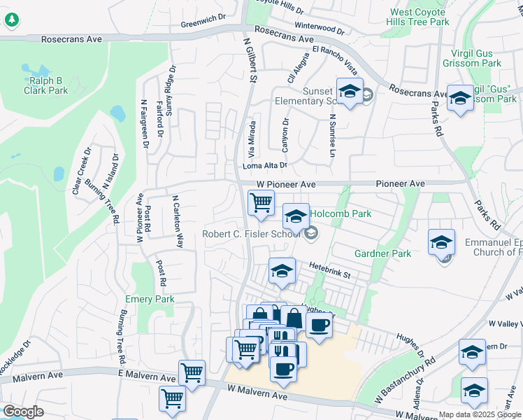 map of restaurants, bars, coffee shops, grocery stores, and more near 2287 Simon Street in Fullerton