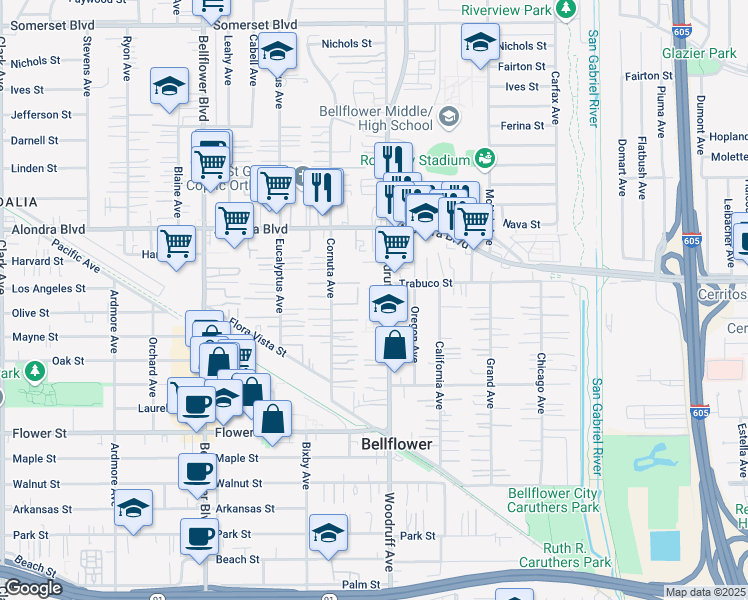map of restaurants, bars, coffee shops, grocery stores, and more near 16224 Woodruff Avenue in Bellflower