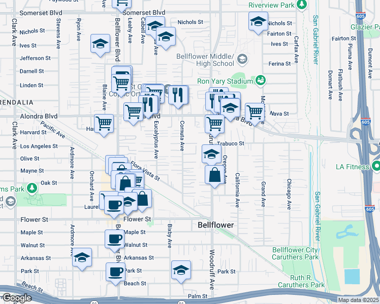 map of restaurants, bars, coffee shops, grocery stores, and more near 16232 Cornuta Avenue in Bellflower