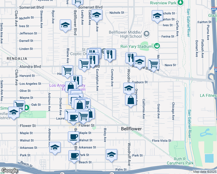 map of restaurants, bars, coffee shops, grocery stores, and more near 16229 Cornuta Avenue in Bellflower