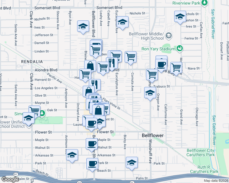 map of restaurants, bars, coffee shops, grocery stores, and more near 16224 1/2 Eucalyptus Avenue in Bellflower