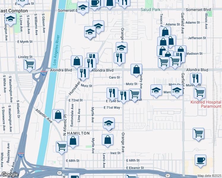 map of restaurants, bars, coffee shops, grocery stores, and more near 6803 Marcelle Street in Paramount