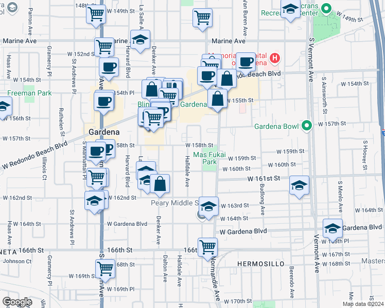 map of restaurants, bars, coffee shops, grocery stores, and more near 15827 Halldale Avenue in Gardena