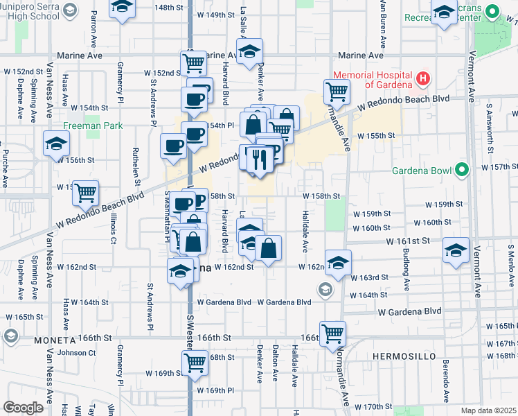 map of restaurants, bars, coffee shops, grocery stores, and more near 15829 Denker Avenue in Gardena