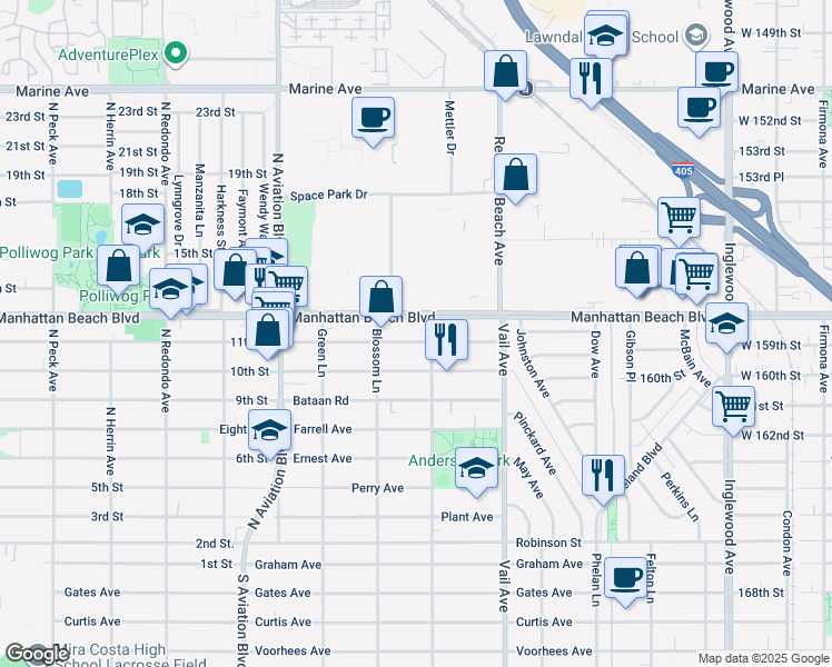 map of restaurants, bars, coffee shops, grocery stores, and more near 2108 Warfield Avenue in Redondo Beach