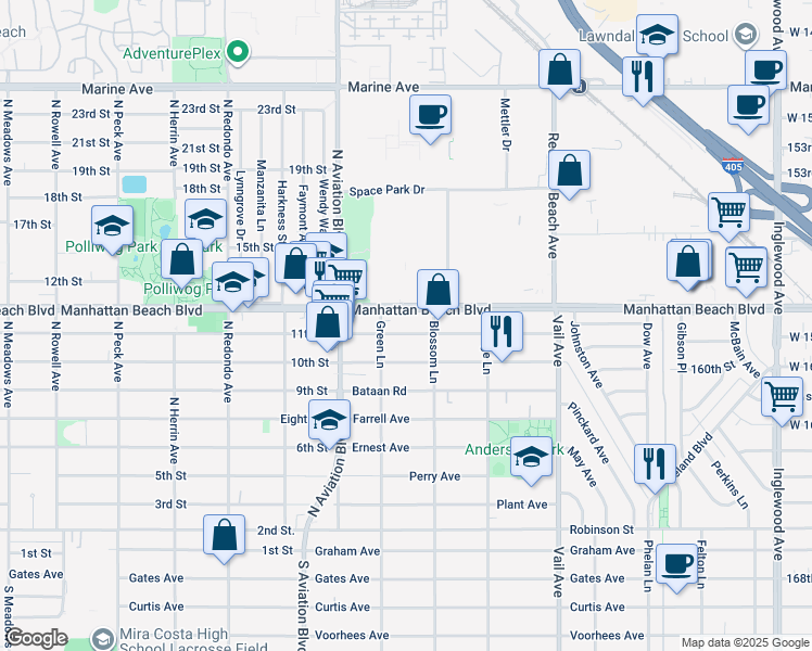 map of restaurants, bars, coffee shops, grocery stores, and more near 2016 Warfield Avenue in Redondo Beach