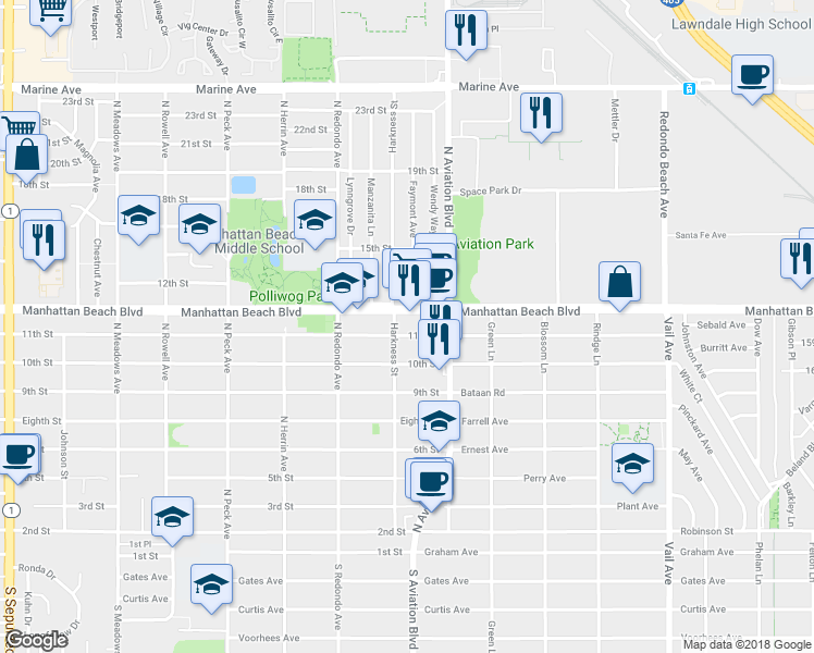 map of restaurants, bars, coffee shops, grocery stores, and more near 1822 11th Street in Manhattan Beach
