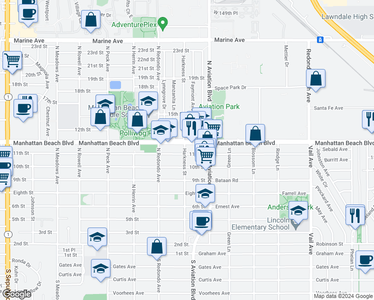 map of restaurants, bars, coffee shops, grocery stores, and more near 1822 11th Street in Manhattan Beach