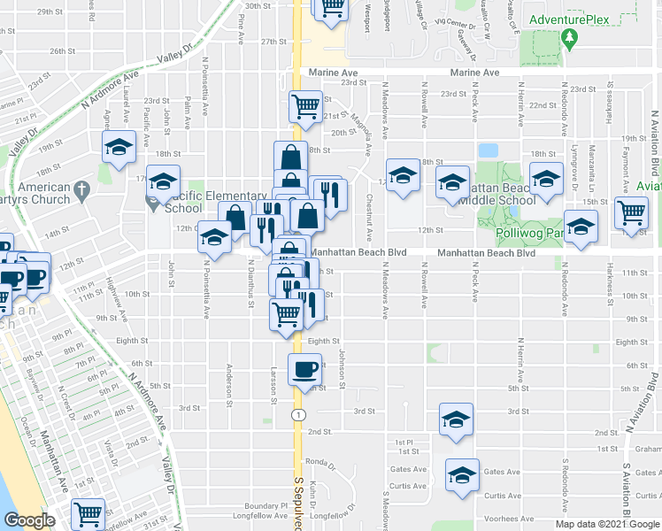 map of restaurants, bars, coffee shops, grocery stores, and more near 1160 11th Street in Manhattan Beach
