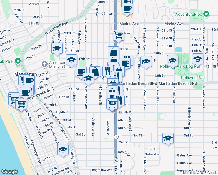 map of restaurants, bars, coffee shops, grocery stores, and more near 1021 North Sepulveda Boulevard in Manhattan Beach