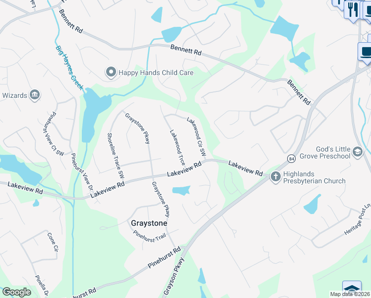 map of restaurants, bars, coffee shops, grocery stores, and more near 2030 Lakewood Trce in Grayson