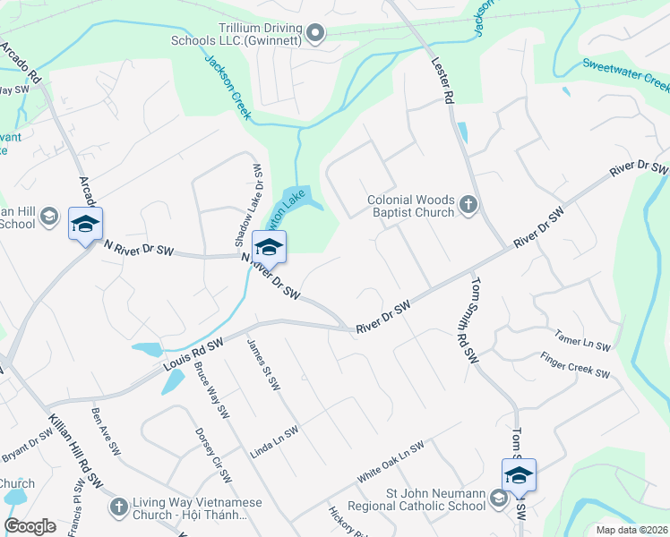 map of restaurants, bars, coffee shops, grocery stores, and more near 3930 Ashley Trace Court Southwest in Lilburn