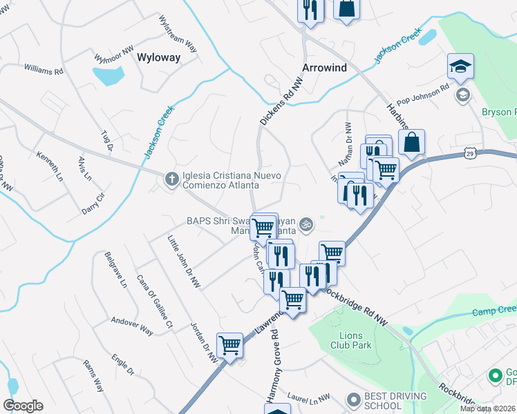 map of restaurants, bars, coffee shops, grocery stores, and more near 452 Candlewick Lane Northwest in Lilburn