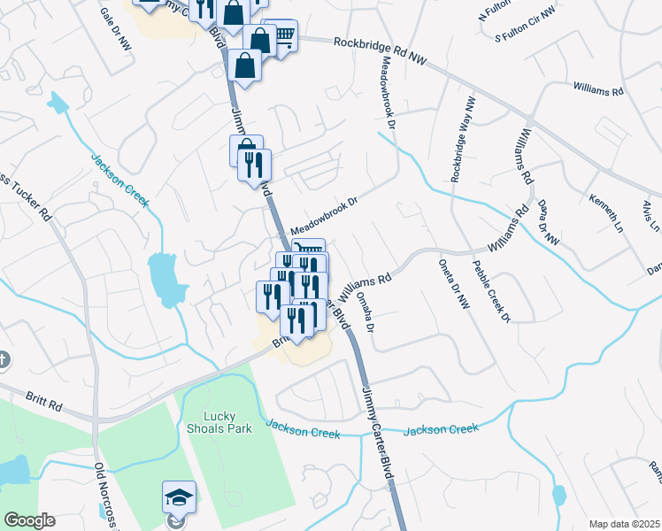 map of restaurants, bars, coffee shops, grocery stores, and more near 6125 Brookechase Lane in Norcross