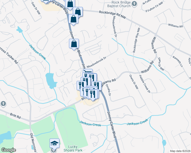 map of restaurants, bars, coffee shops, grocery stores, and more near 6137 Brookechase Lane in Norcross