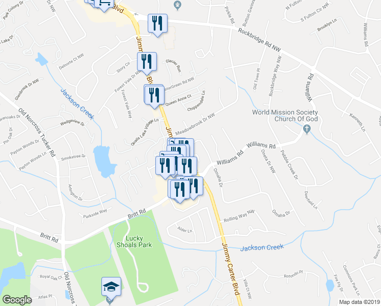 map of restaurants, bars, coffee shops, grocery stores, and more near 6141 Brookechase Lane in Norcross