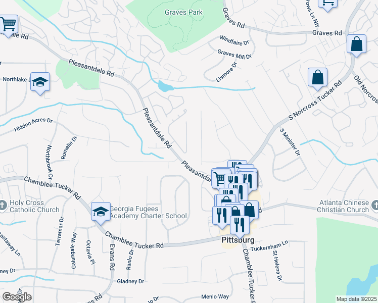 map of restaurants, bars, coffee shops, grocery stores, and more near 4079 Woodridge Way in Tucker