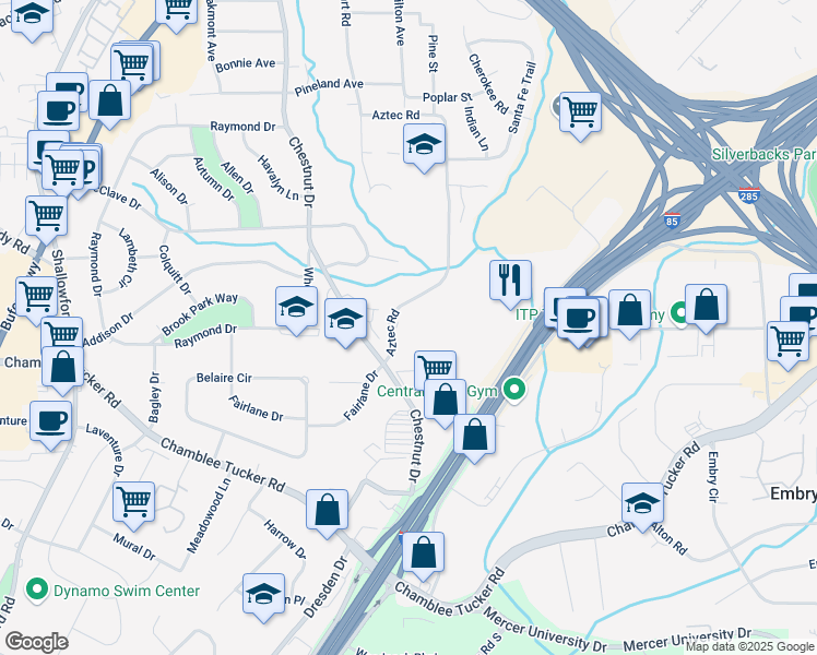 map of restaurants, bars, coffee shops, grocery stores, and more near 3175 Lamp Light Court in Doraville