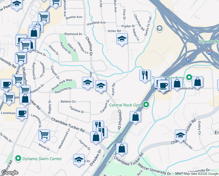 map of restaurants, bars, coffee shops, grocery stores, and more near 3346 Chestnut Drive in Doraville