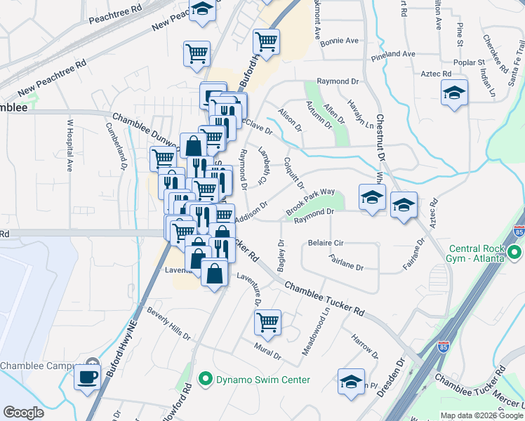 map of restaurants, bars, coffee shops, grocery stores, and more near 2543 Addison Drive in Atlanta