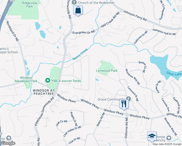 map of restaurants, bars, coffee shops, grocery stores, and more near 1275 Old Woodbine Road Northeast in Atlanta