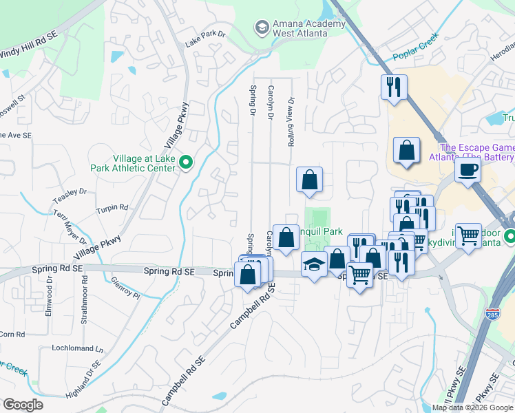 map of restaurants, bars, coffee shops, grocery stores, and more near 2699 Spring Drive in Smyrna