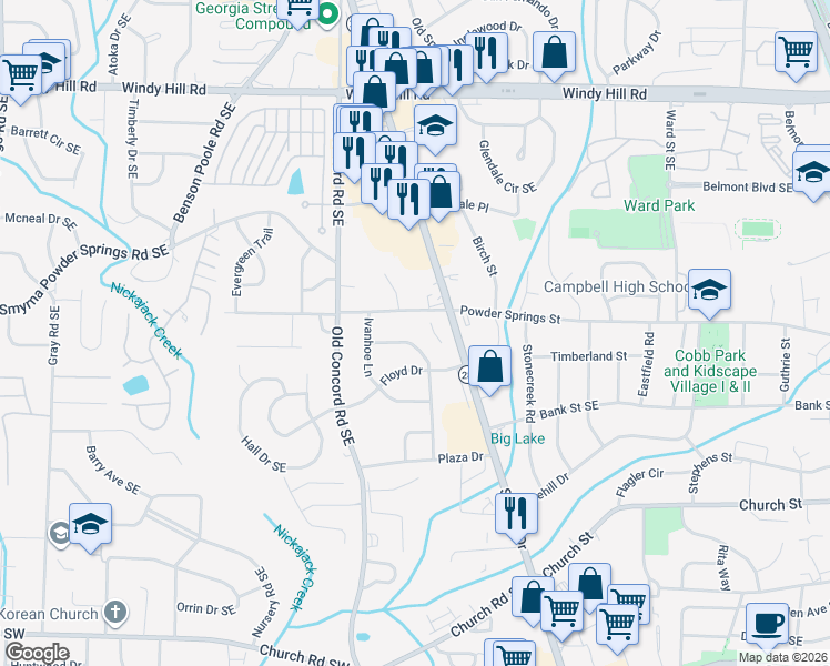 map of restaurants, bars, coffee shops, grocery stores, and more near 2745 Sherwood Road Southeast in Smyrna