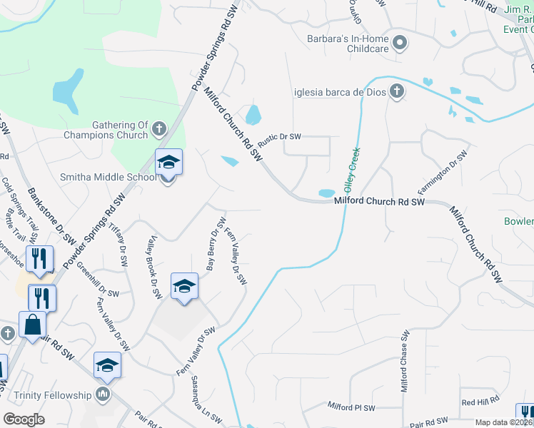 map of restaurants, bars, coffee shops, grocery stores, and more near 1801 Burfordi Drive Southwest in Marietta