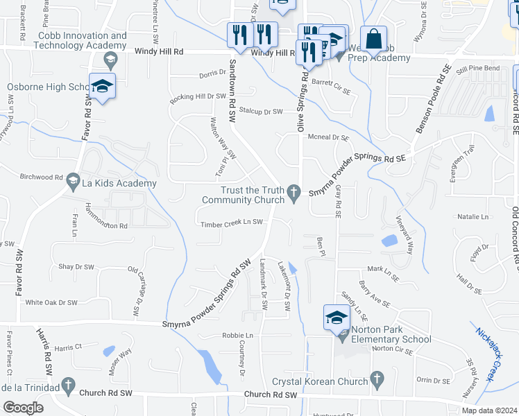 map of restaurants, bars, coffee shops, grocery stores, and more near 284 Timber Creek Lane Southwest in Marietta