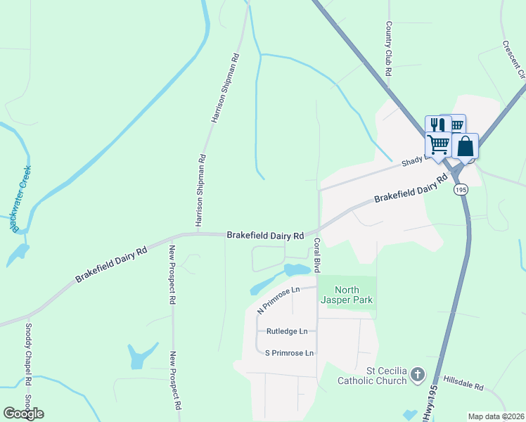 map of restaurants, bars, coffee shops, grocery stores, and more near 16285 Brakefield Dairy Road in Jasper