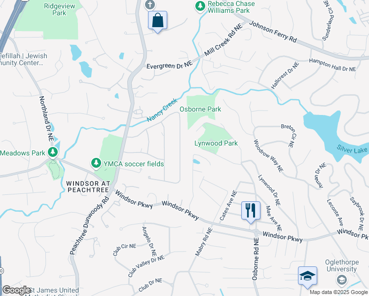 map of restaurants, bars, coffee shops, grocery stores, and more near 1275 Old Woodbine Road Northeast in Atlanta