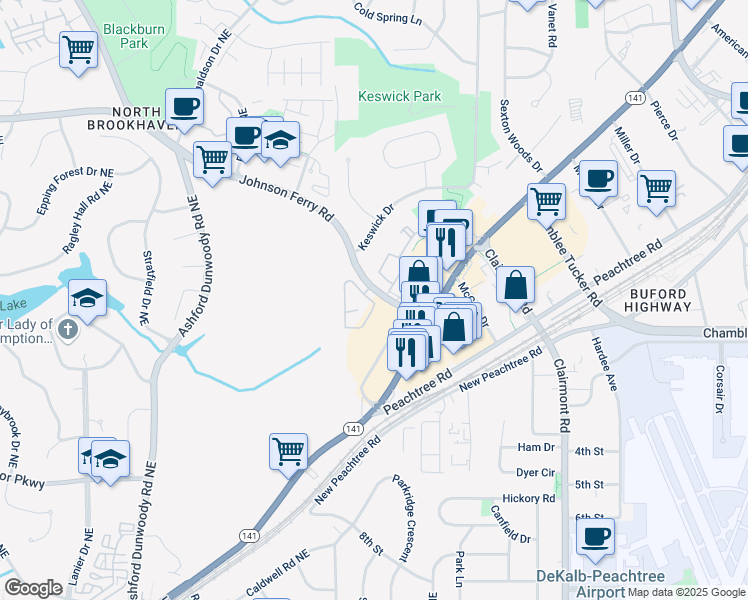 map of restaurants, bars, coffee shops, grocery stores, and more near 2448 Gatebury Circle in Chamblee