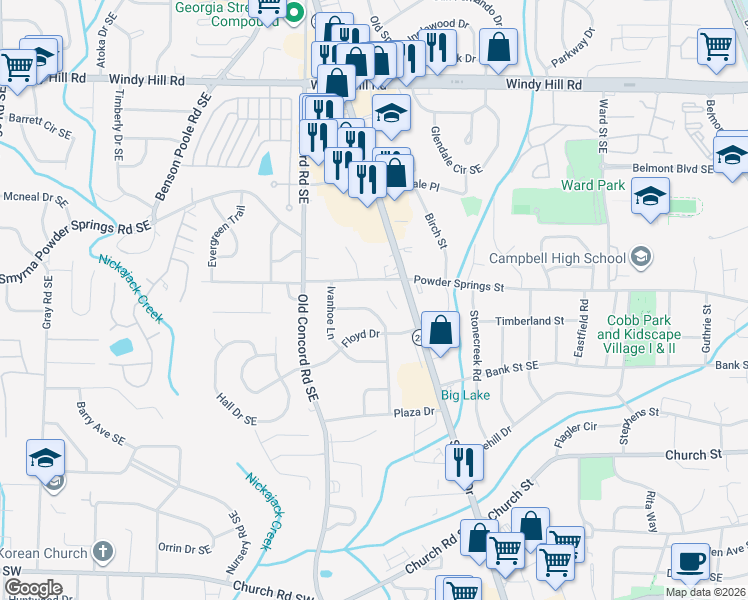 map of restaurants, bars, coffee shops, grocery stores, and more near 2745 Sherwood Rd SE in Smyrna