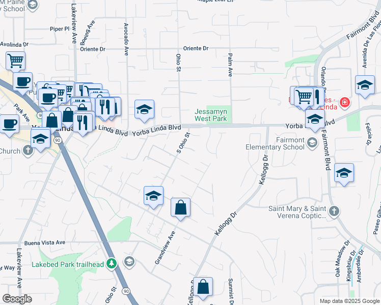 map of restaurants, bars, coffee shops, grocery stores, and more near 19024 Sundown Lane in Yorba Linda