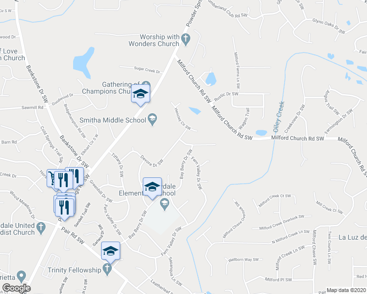 map of restaurants, bars, coffee shops, grocery stores, and more near 1905 Burfordi Drive Southwest in Marietta