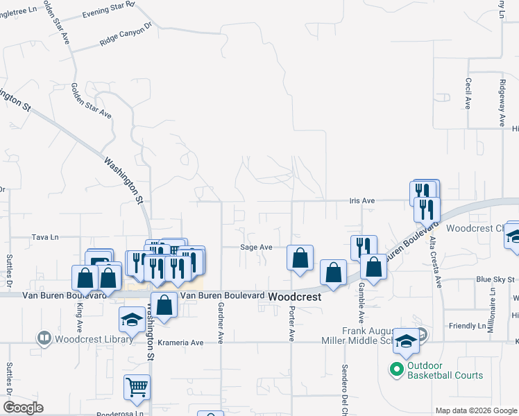 map of restaurants, bars, coffee shops, grocery stores, and more near 16065 Porter Avenue in Riverside