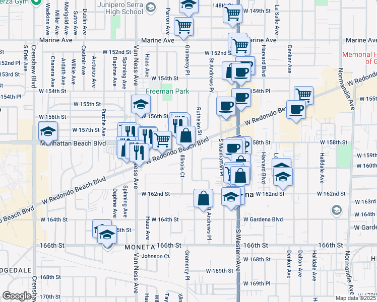 map of restaurants, bars, coffee shops, grocery stores, and more near 2040 Redondo Beach Boulevard in Torrance