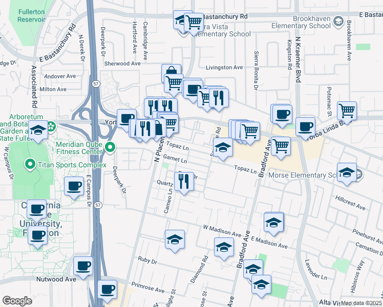 map of restaurants, bars, coffee shops, grocery stores, and more near 3100 Topaz Lane in Fullerton
