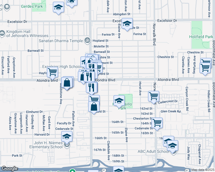 map of restaurants, bars, coffee shops, grocery stores, and more near 11872 Hermosura Street in Norwalk