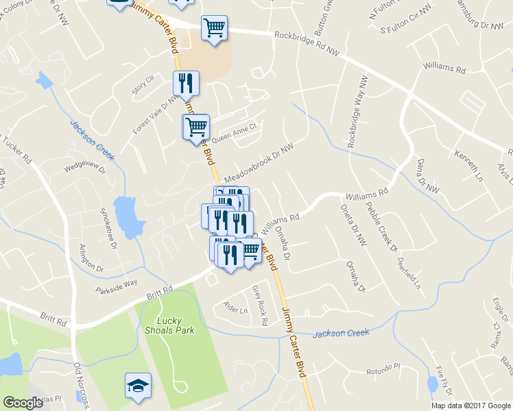 map of restaurants, bars, coffee shops, grocery stores, and more near 6125 Brookechase Lane in Norcross