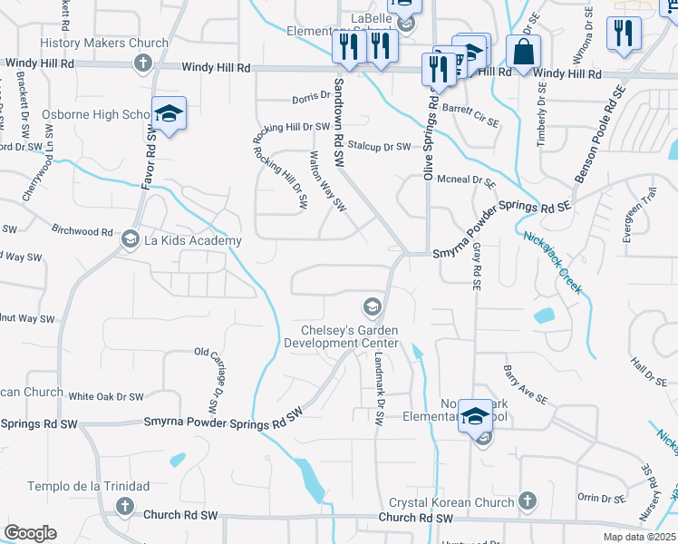 map of restaurants, bars, coffee shops, grocery stores, and more near 246 Timber Creek Lane Southwest in Marietta