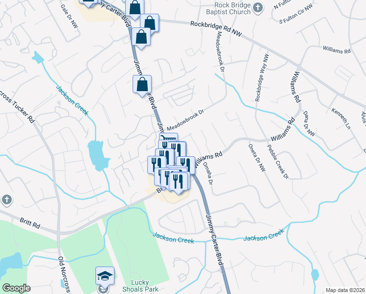 map of restaurants, bars, coffee shops, grocery stores, and more near 6137 Brookechase Lane in Norcross